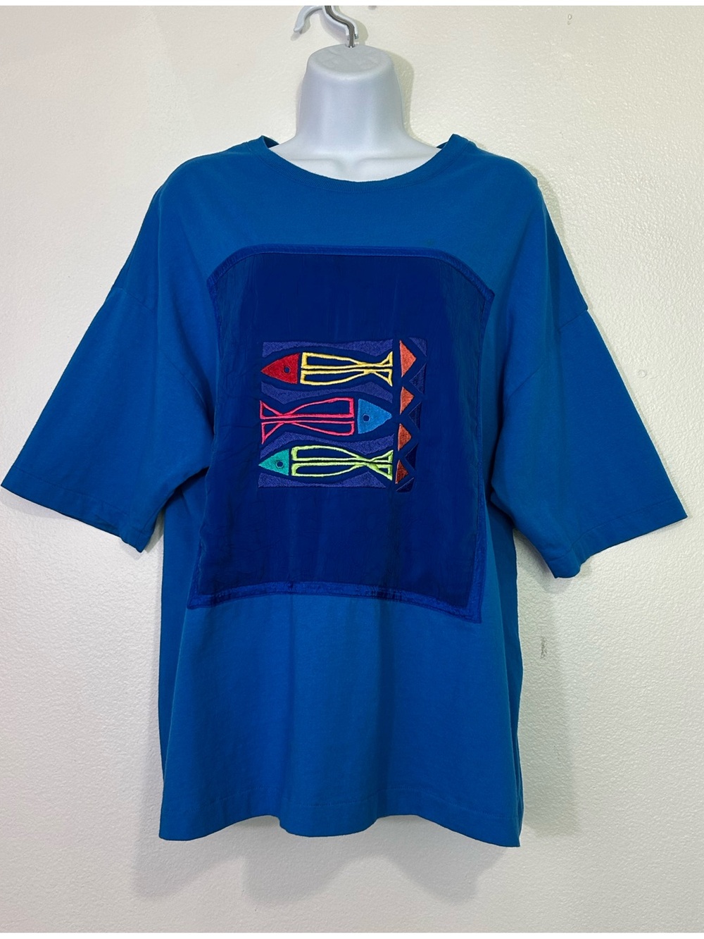 Johnny Was Blue Embroidered Fish Design Top